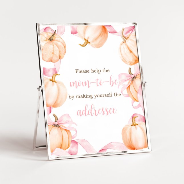 Skylt för kuvertstation för babyfirande med rosa b (Girl Bow Pumpkin Baby Shower Envelope Station Sign)