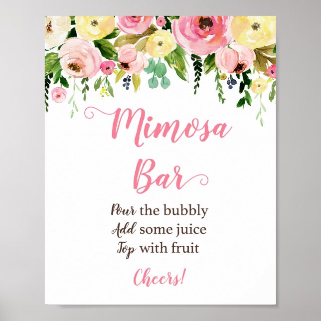 Skylt för Mimosa Bar med rosa och gula blommor (Framsidan)