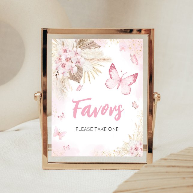 Skylt för presenter vid baby shower med rosa fjäri (Girl Butterfly Pampas Grass Baby Shower Favors Sign)