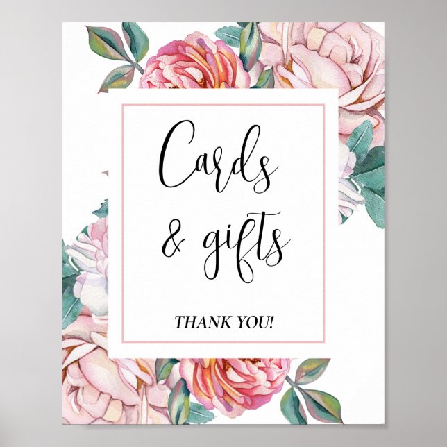 Skylt för rosa blommiga baby shower-kort och prese (Framsidan)