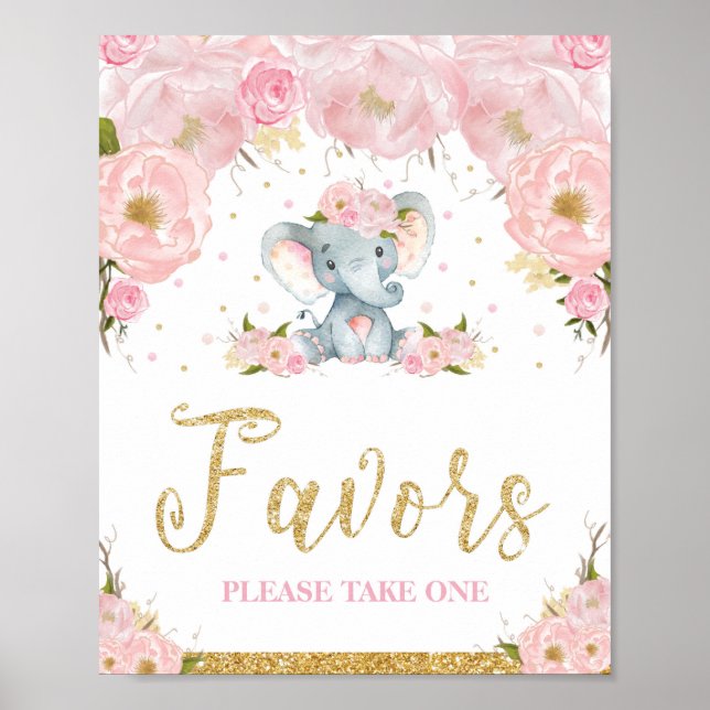 Skylt för rosa blomster elefant baby shower presen (Framsidan)