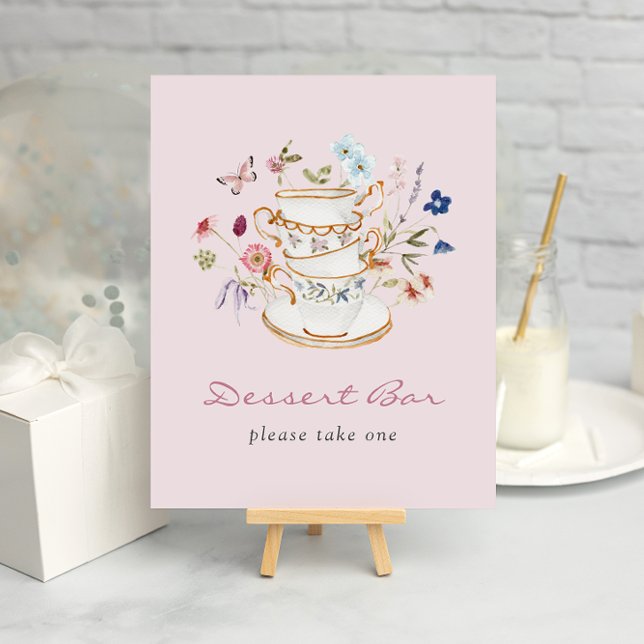 Skylt för Rosa Efterrätssbarer (Pink Floral Tea Cup Dessert Bar Poster with Butterfly by Painted Paperie
)