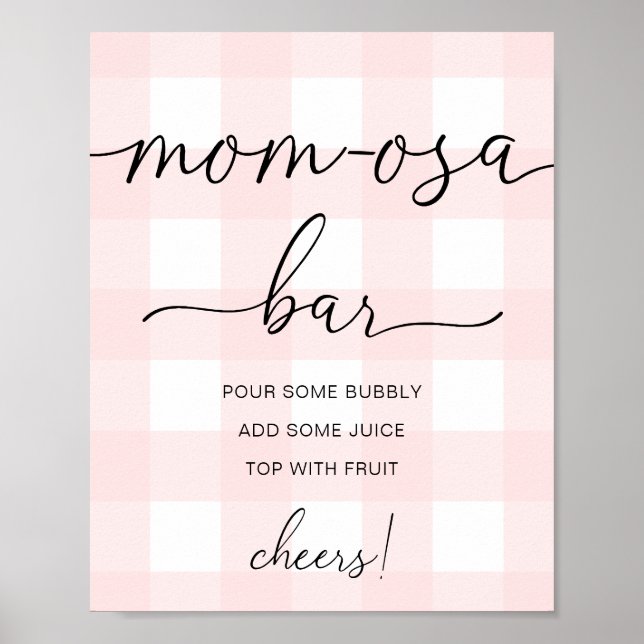 Skylt för rosa gingham-bebisfest Mom-osa Bar (Framsidan)