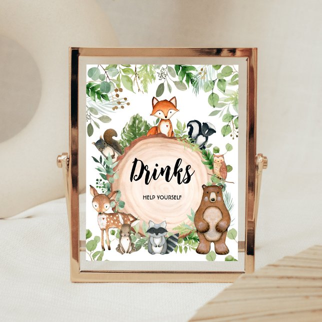 Skylt för träddjur baby shower drycker (Wood Slice Woodland Baby Shower Drinks Sign)