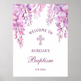 Skylt för välkommen till dop med rosa wisteria