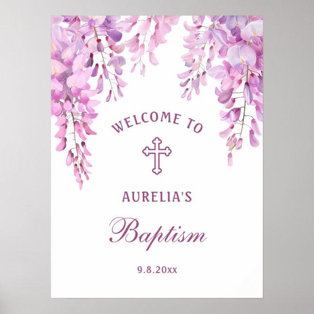 Skylt för välkommen till dop med rosa wisteria (Framsidan)