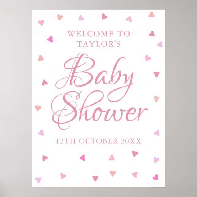 Skylt för välkomst till babyflicka-shower med rosa (Framsidan)