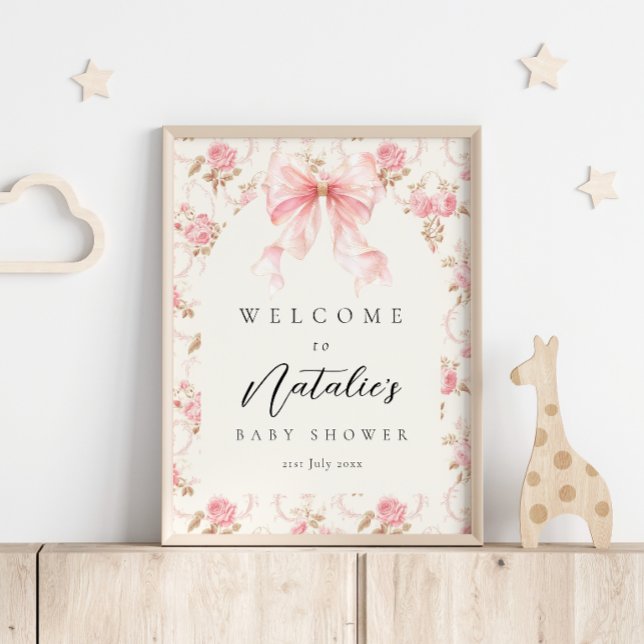 Skylt för välkomst vid baby shower med rosa band o (Skapare uppladdad)