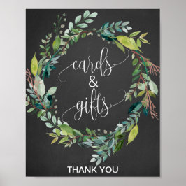 Skylt med krittavla och lövkrans för kort och pres