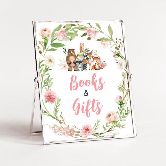 Skylt med rosa blommor och skogsdekoration för böc (Girl Woodland Animals Baby Shower Books and Gifts Sign)