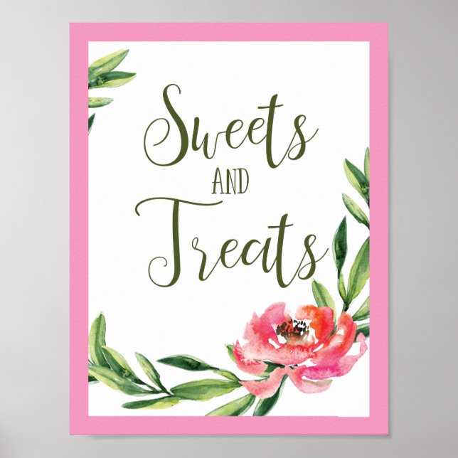 Skylt med rosa och grön akvarell blommande godis (Framsidan)