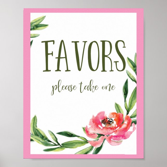 Skylt med rosa och grön akvarell blomsterfavoriter (Framsidan)