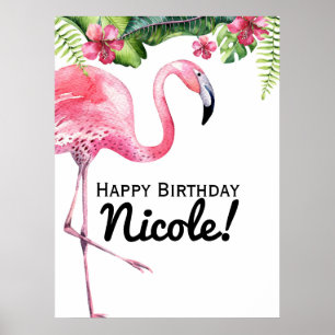 Skylt Poster Rosa Flamingo & Hibiskus Tropisk