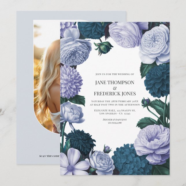 Skymål blå, dimmig lavendel & silver periwinkle inbjudningar (Fram/baksida)