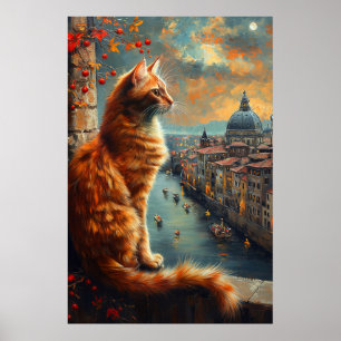 Skymning i Venedig Röd katt vid en kanal Poster