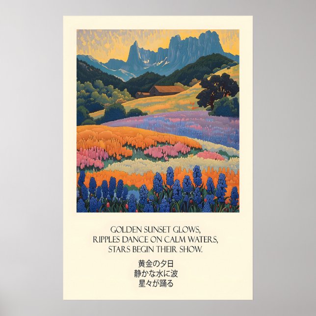 Skymningsberg Landskaps Art Print Blommig Fält Poster (Framsidan)