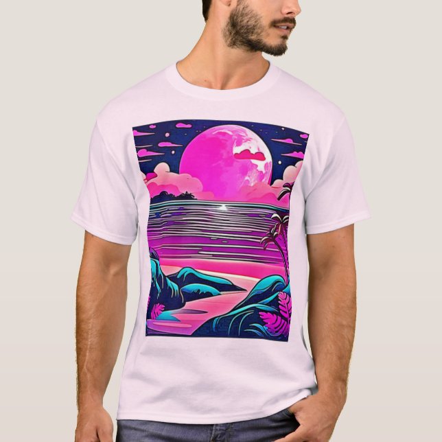 Skymningsrosa Neon Strandlandskap T Shirt (Framsida)