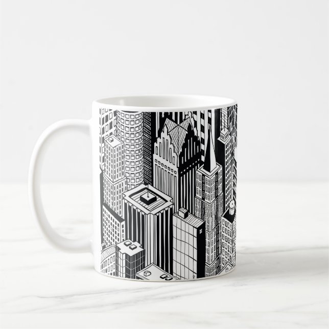 Skyscraper illustration av stad, isometrisk sömlös kaffemugg (Vänster)