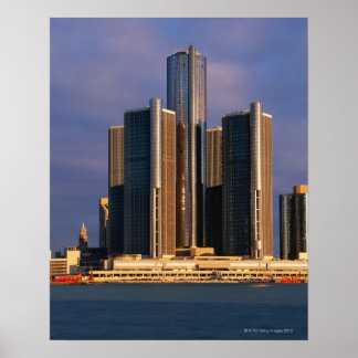 Skyscraper vid vatten i Detroit 3 Poster