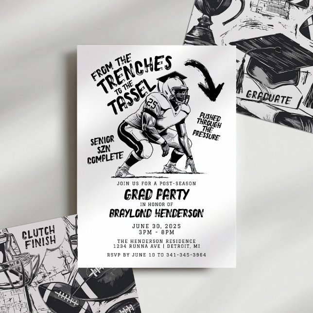 Skyttegravar till Tassel Lineman Football-examensf Inbjudningar (Football Lineman Graduation Invitation. Lineman Football Invitation. )