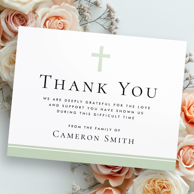 Skyttegravens medkänsla i kor tack för ditt kort (Sage green cross funeral sympathy thank you card)