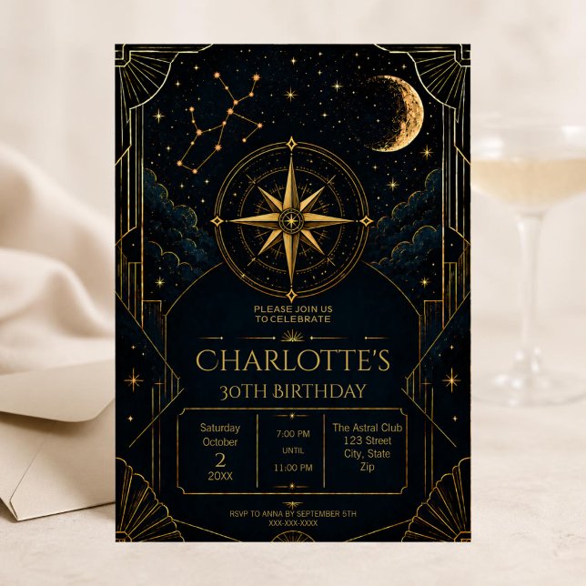 Skytten 30-års födelsedagsinbjudan | Art Deco Inbjudningar (Dark Art Deco Sagittarius zodiac 30th birthday invitation with celestial details and elegant moody)