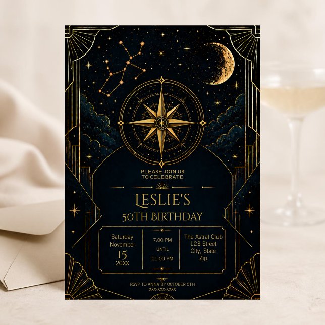 Skyttens 50-års födelsedagsinbjudan | Celestial Inbjudningar (Celestial Sagittarius 50th birthday invitation with gold zodiac details and midnight stars.)
