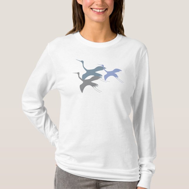 Skyward Symphony: Bluish & Grått WHoping Crane T-shirt (Framsida)