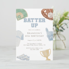 Slå på Preppy Blue Baseball Bow 4-årsdag Inbjudningar