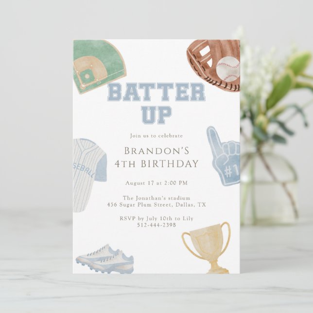 Slå på Preppy Blue Baseball Bow 4-årsdag  Inbjudningar (Stående Fram)