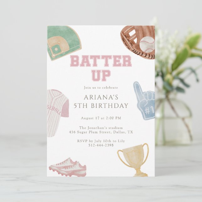 Slå på Preppy Rosa Basebollbåge 5-årsdag  Inbjudningar (Stående Fram)