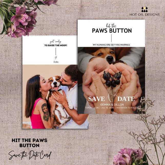 Slå Tassar-knappen Spara datumkortet Inbjudningar (Include your pets in your big day with this Hit The Paws Button Save The Date card.)