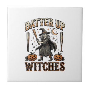 Slå Till Häxor Vintage Halloween Baseboll Design Kakelplatta