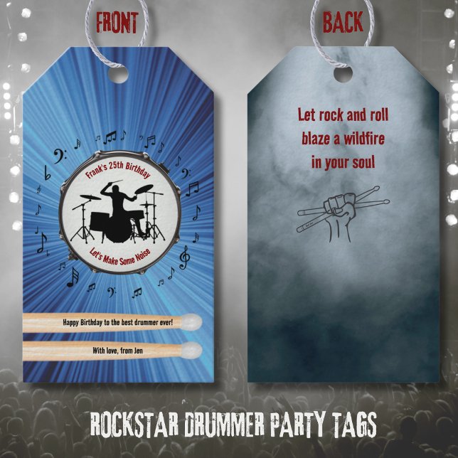 Slå upp lite kul Trumfödelsedagspresent till trumm Presentetikett (Drum Up Some Fun Blue Color Burst Drummer Birthday Party Gift Tags)
