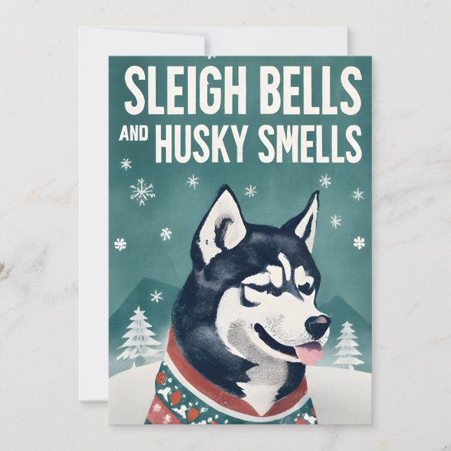 Slädklockor och huskylukt Husky jul Julkort (Framsida)