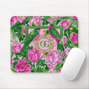 Slående botanisk rosa och grön monogram musmatta