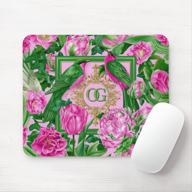 Slående botanisk rosa och grön monogram  musmatta (Med mus)