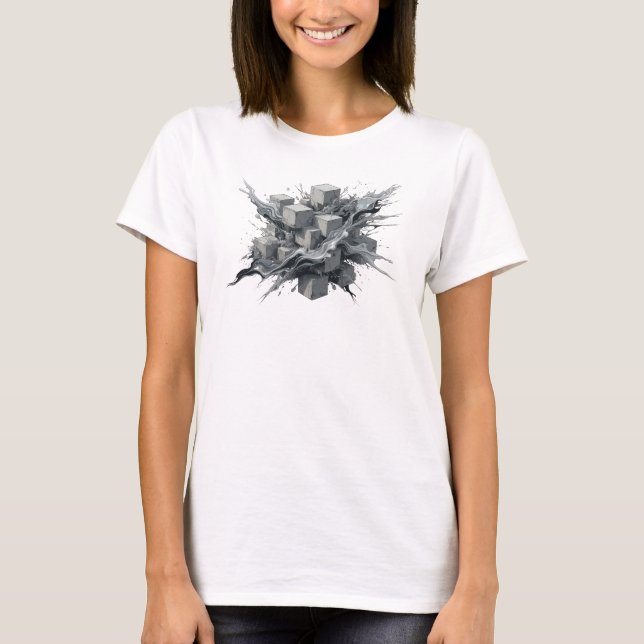 Slående Guld Abstrakt Kuber Mode Tryck T Shirt (Framsida)