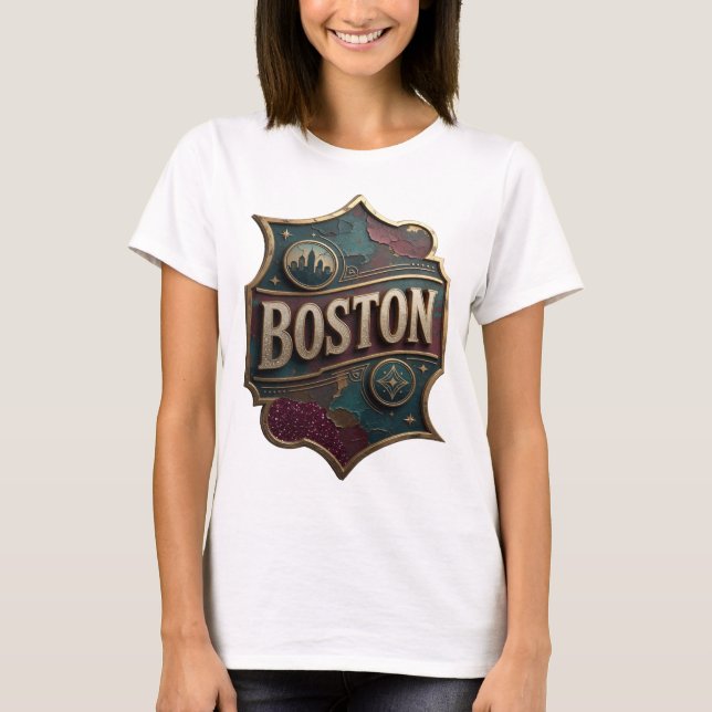 Slående guld BOSTON textdesign T Shirt (Framsida)