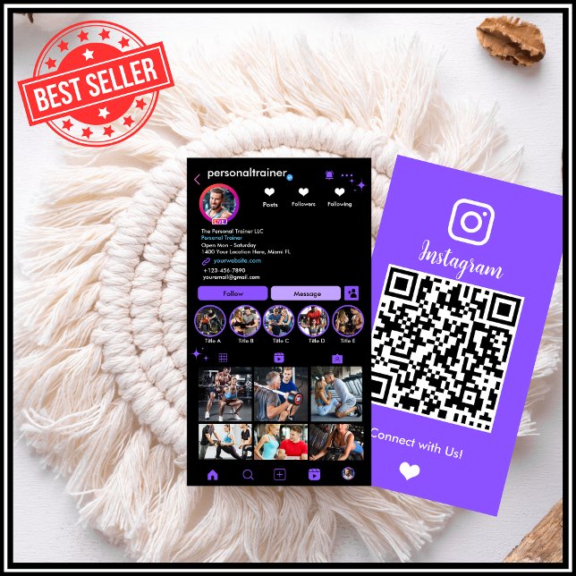 Slående lila träningscoach Instagram QR Visitkort (Skapare uppladdad)