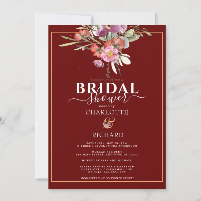 Slående rosa blomsterguld-ampersand bröllopsfest  inbjudningar (Framsida)