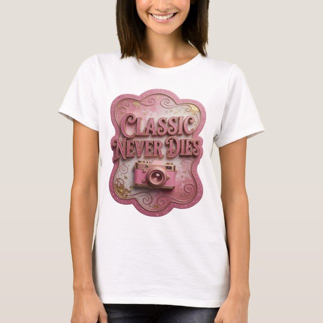 Slående Rosa KLASSIKER DÖR ALDRIG Slogan T-shirt (Framsida)