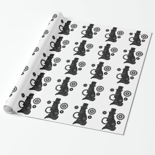 slåget in papper för steampunk katt presentpapper (Utrullad)