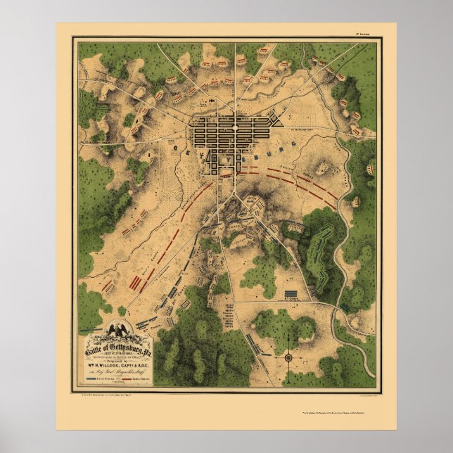 Slaget vid Gettysburg, PA Panoramic Karta - 1863 Poster (Framsidan)