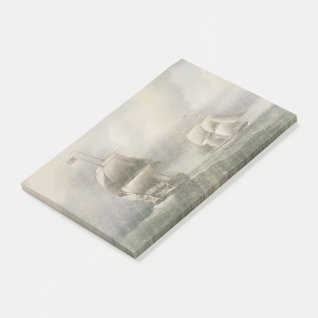 Slagskeppkrigsskepp som seglar hav, postar det post-it block (Vinklad)