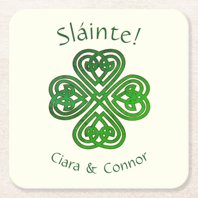 Sláinte Grönt Celtic Irish Shamrock Namn Underlägg Papper Kvadrat (Framsidan)
