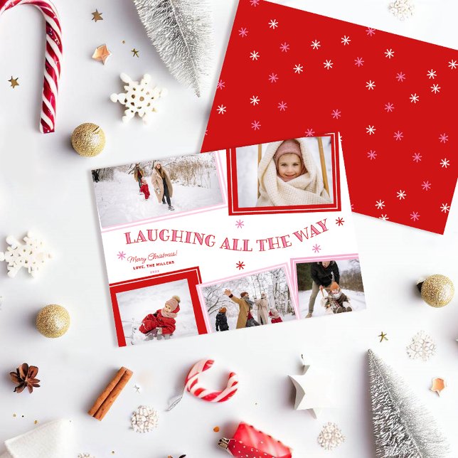 Slakt hela roligtens fotokollage Jul Julkort (Laughing all the way fun festive 5 photo collage holiday card. Red, white and pink.)