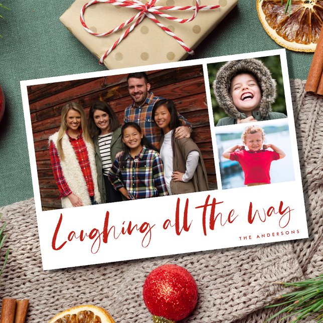 Slakta hela det moderna fotosättningskortet julkort (Laughing All the Way Modern Photo Plaid Christmas Holiday Card)