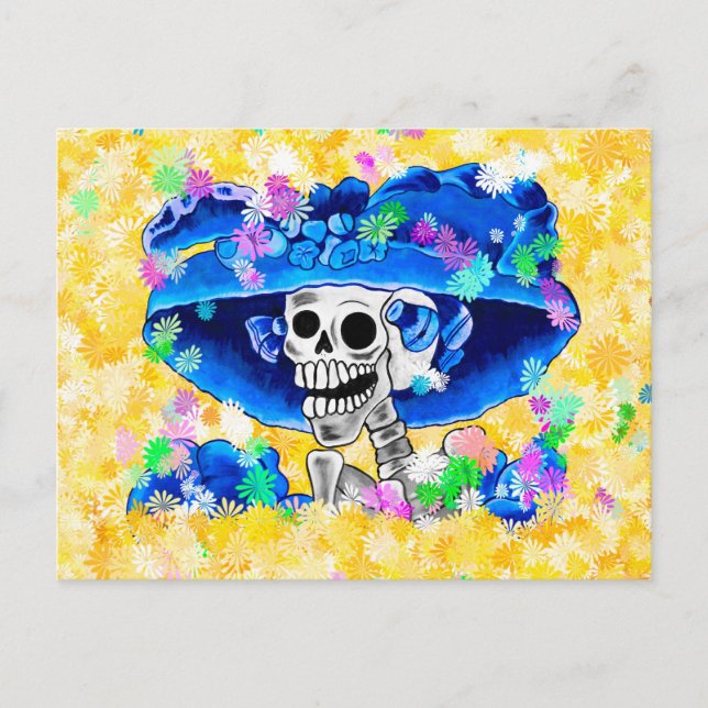 Slaktande Skeleton Woman i Blue Bonnet på Gult Vykort (Framsida)