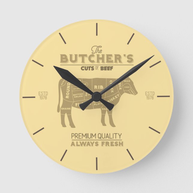 Slaktare Shop Cuts of Beef Diagram Rund Klocka (Framsida)